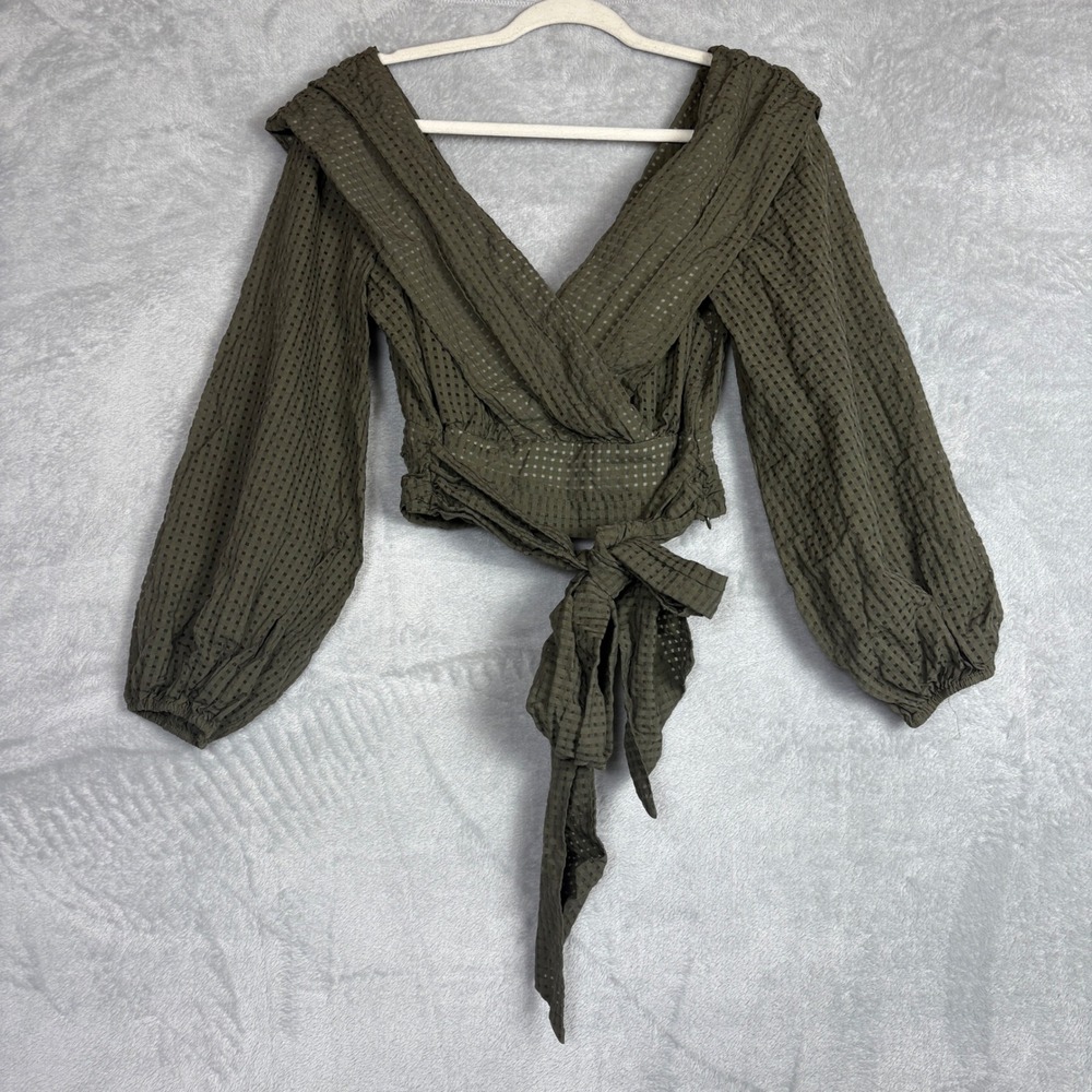 Maeve Anthropologie Olive Green Dobby Wrap Crop Top Balloon Sleeve Womens 10‎